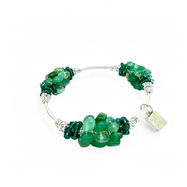 Cluster Green Agate Bangle Silver