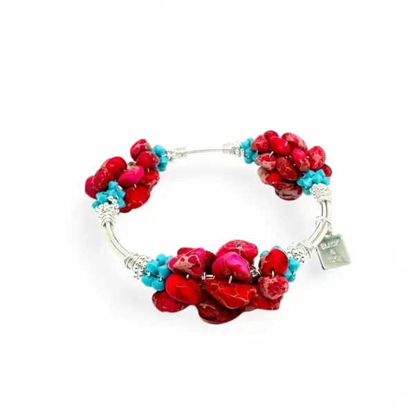 Cluster Fuchsia Pink Jasper Bangle Silver