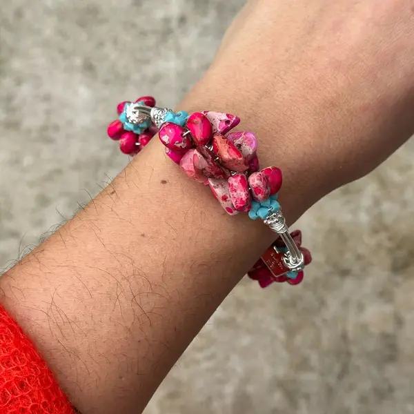 Cluster Fuchsia Pink Jasper Bangle Silver - Image 2