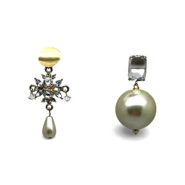 Gold Crystal And Pearl Mis-Matched Earrings