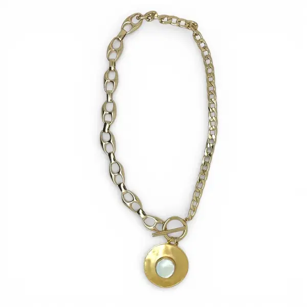 Gold Mixed Chain T Bar Necklace With Pearlised Pendant