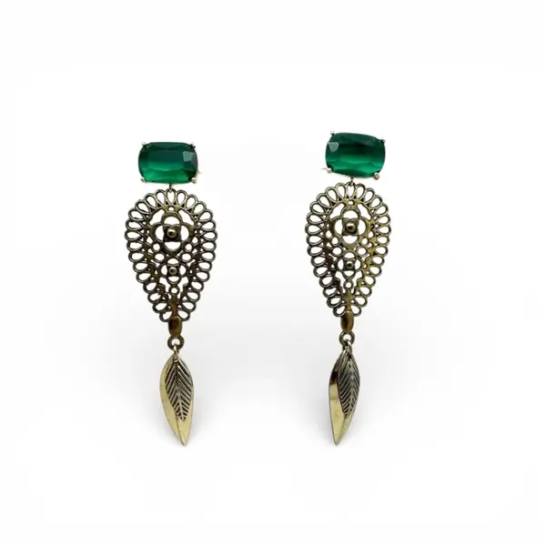 Recycled Gold Leaf Drop Earrings Green Gemstone