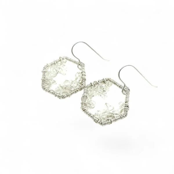 Crystal Beaded Hexagon Hook Silver Earrings