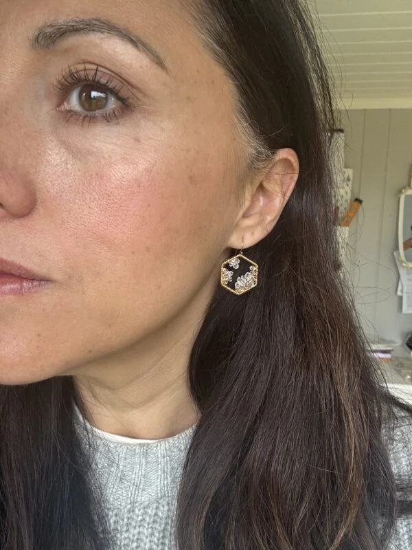 Crystal Beaded Hexagon Hook Gold Earrings