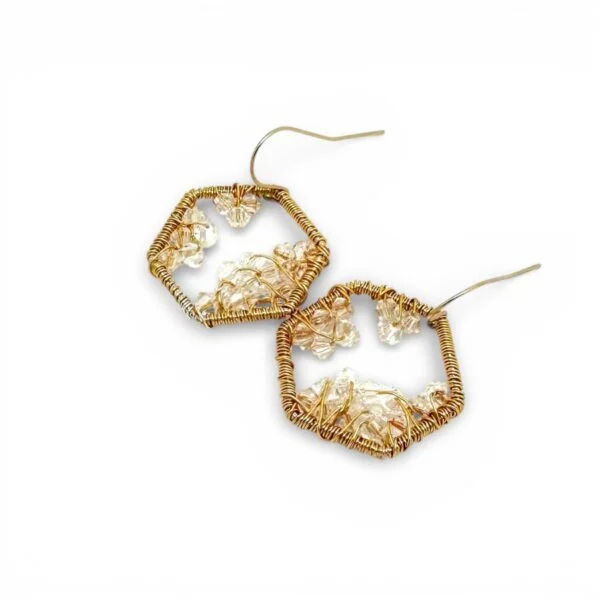Crystal Beaded Hexagon Hook Gold Earrings