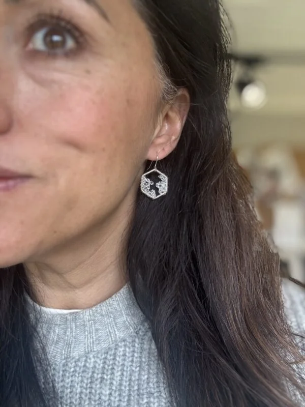 Crystal Beaded Hexagon Hook Silver Earrings