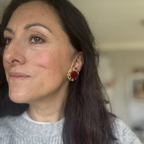 Red Velvet Ornate Gold Clip On Earrings