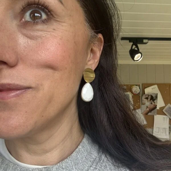 White Teardrop Gold Stud Earrings
