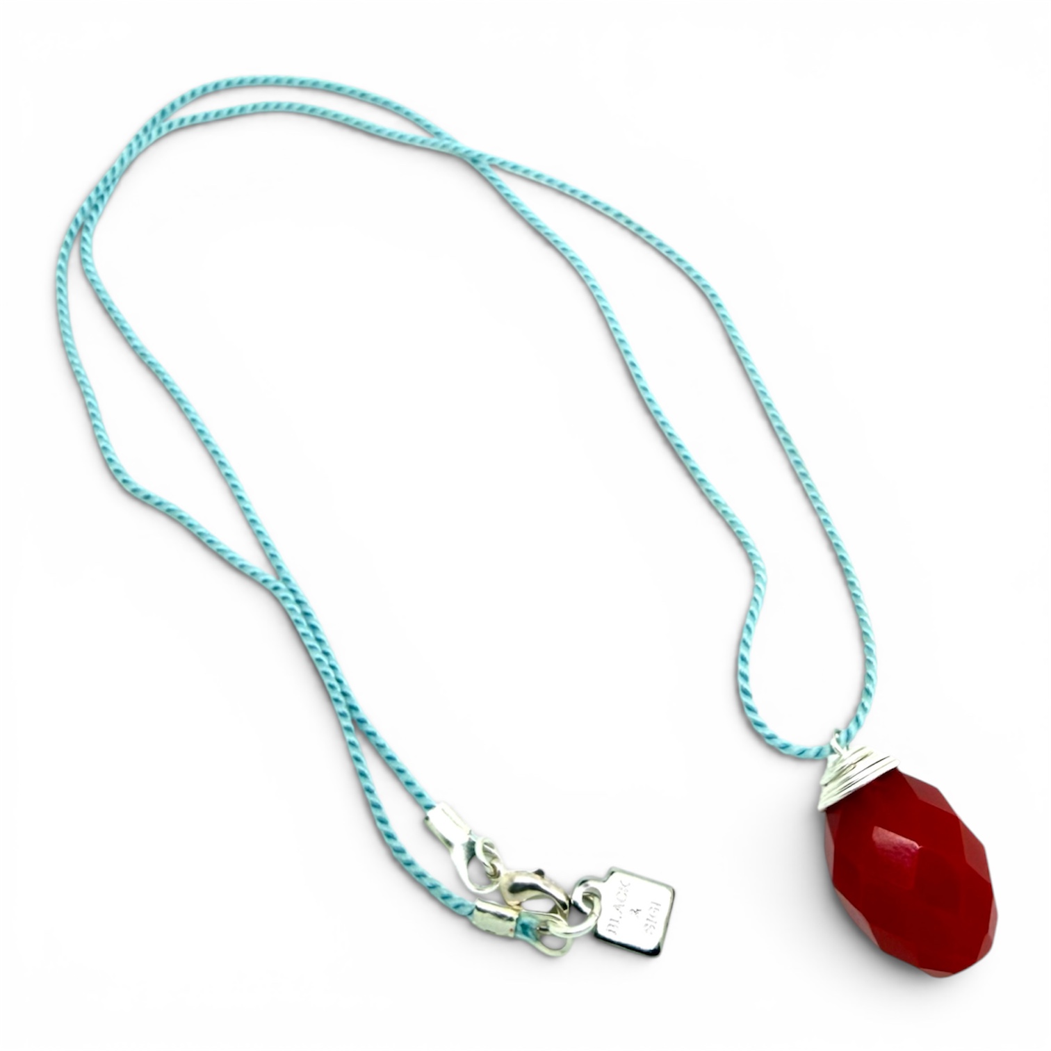 Blue Cord Necklace with Red Quartz Droplet